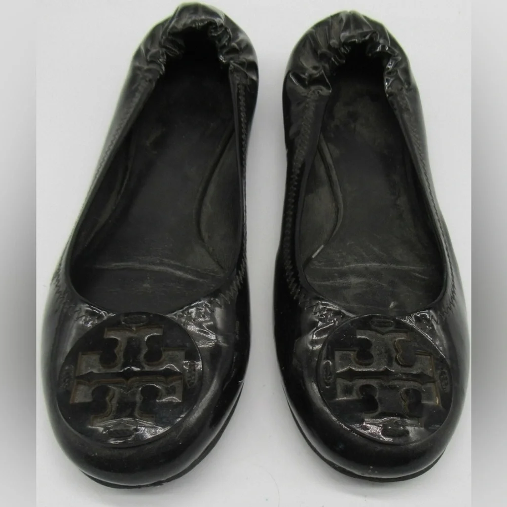 Tory Burch Black Patent Logo Round-Toe Ballet Flats